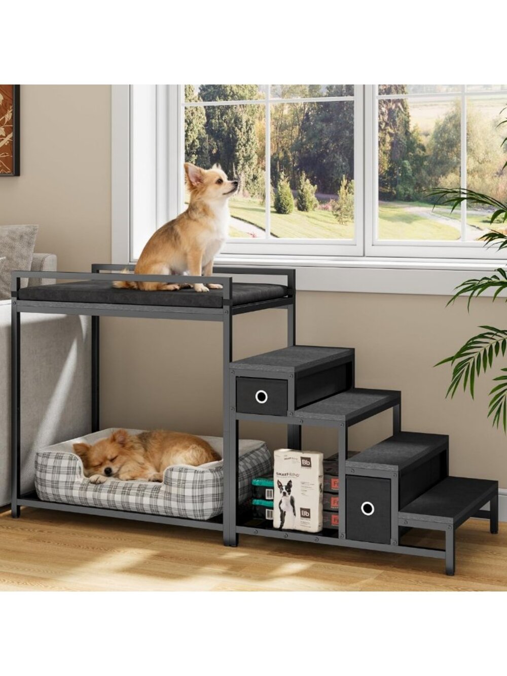 Cozy Pet Bunk Bed with Stairs & Storage - Dog & Cat Bedside Cot for Small Pets